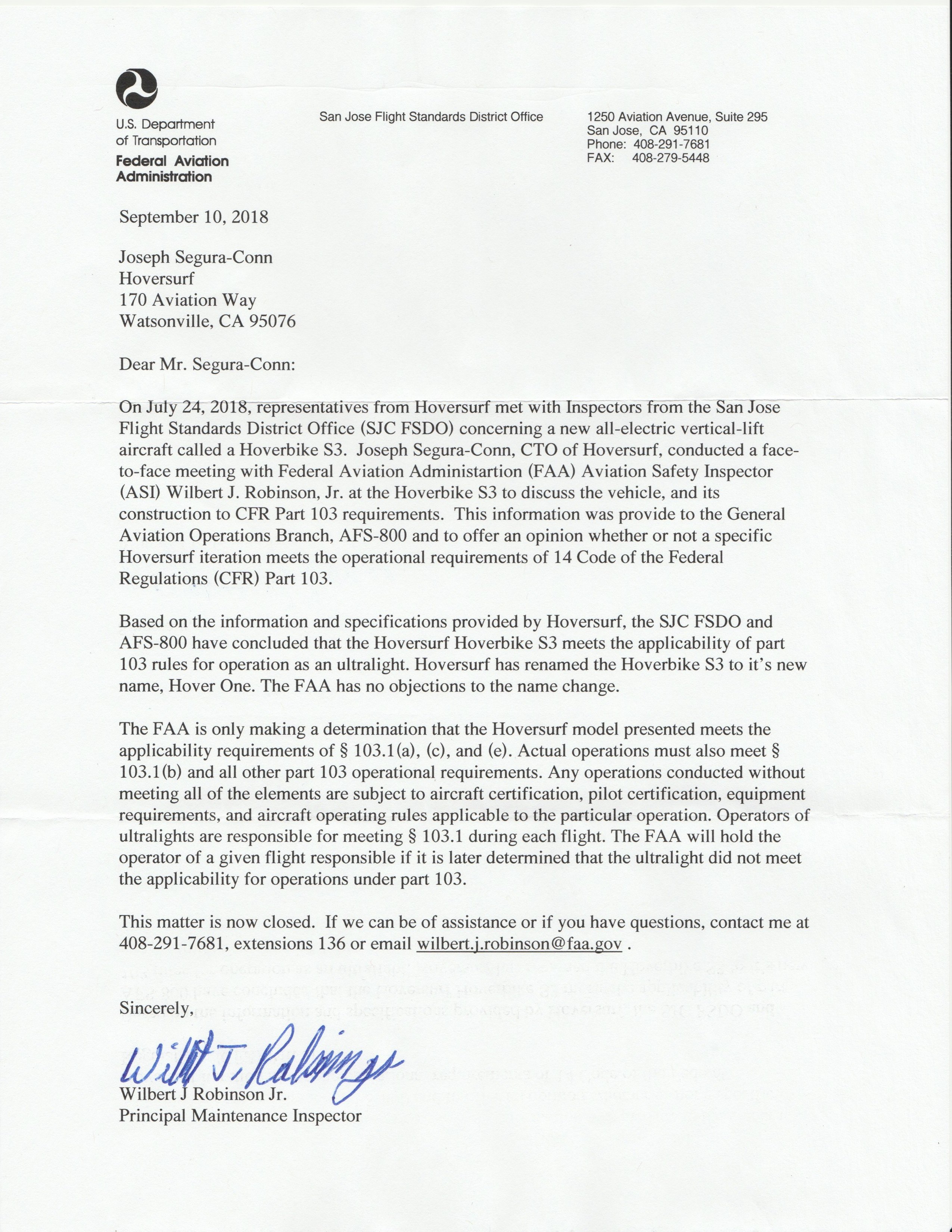 Hoversurf FAA letter, 10 Sep 2018